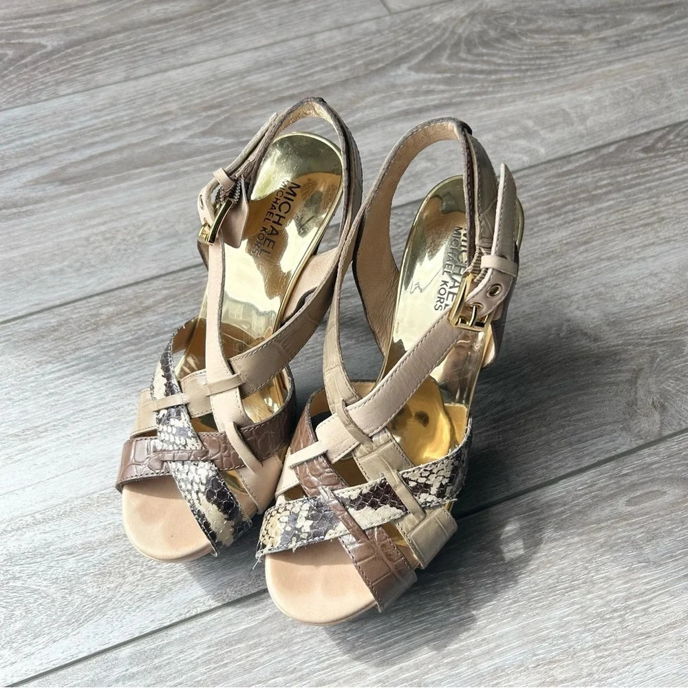 Michael Kors Niki Cross Strap Genuine Snakeskin Stiletto Heels Sandals